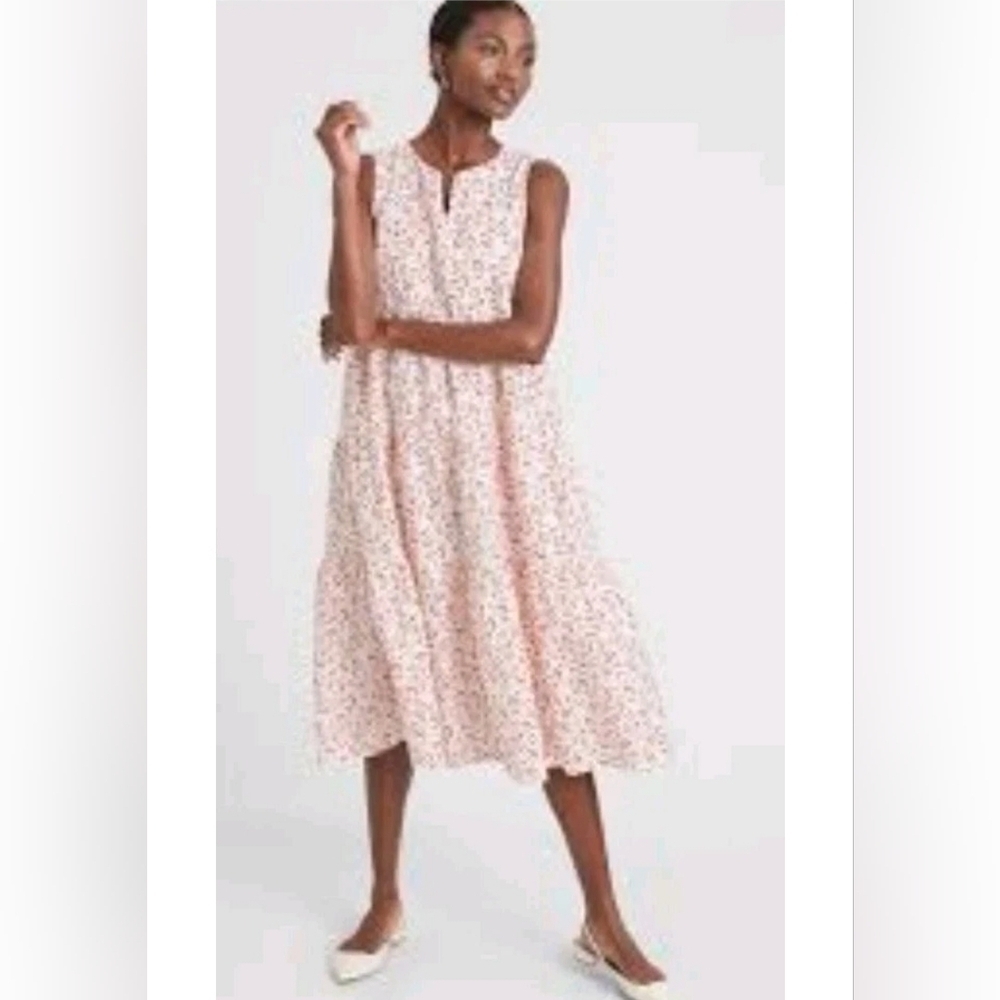Banana Republic Women’s Red & White Floral Linen Blend Tiered Midi Dress Sz S